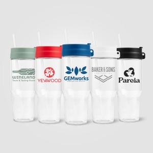 Polar-Becher aus recyceltem Zwei-Ton-Glas mit Strohhalm - 1 L Siebdruck