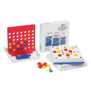 4 aneinandergereihte Spielsteine + Damespiel