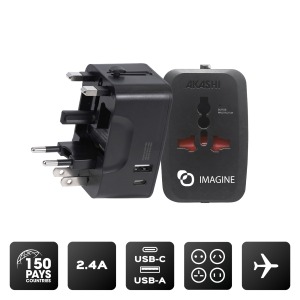 Adaptateur universel de voyage avec sorties USB-C et USB-A - Noir