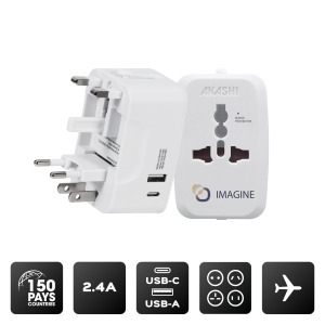 Adaptateur universel de voyage avec sorties USB-C et USB-A - Blanc