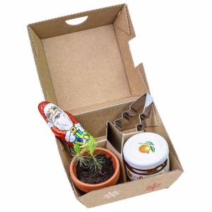 Weihnachtsgeschenkset - Tontöpfe, Schokoladenweihnachtsmann, Weihnachtsbaumformen und ein Glas Orangenmarmelade