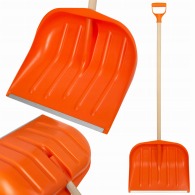 Schneeschaufel mit Holzgriff und verstärktem Schaber in Orange