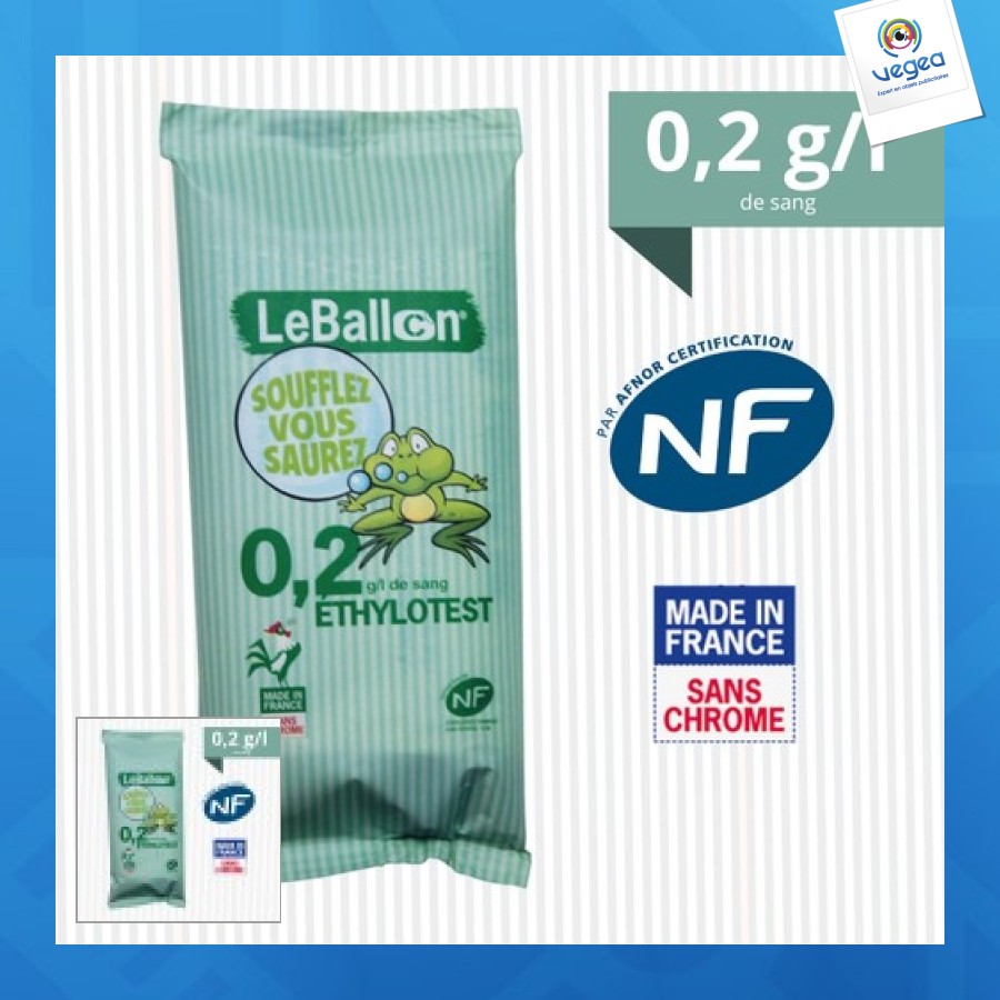 Alkoholtestgerät für den einmaligen gebrauch 0,2g/l , nf, chromfrei. produziert im departement hérault.