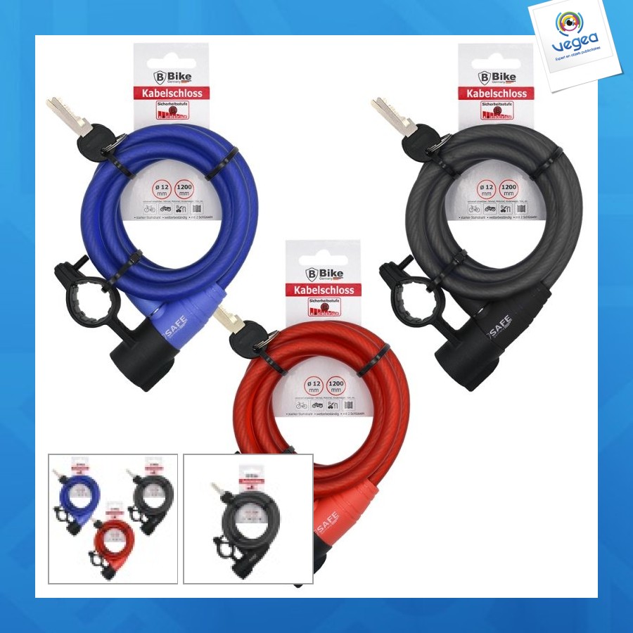 Antivol spiralé pour vélo 12x1200mm avec support