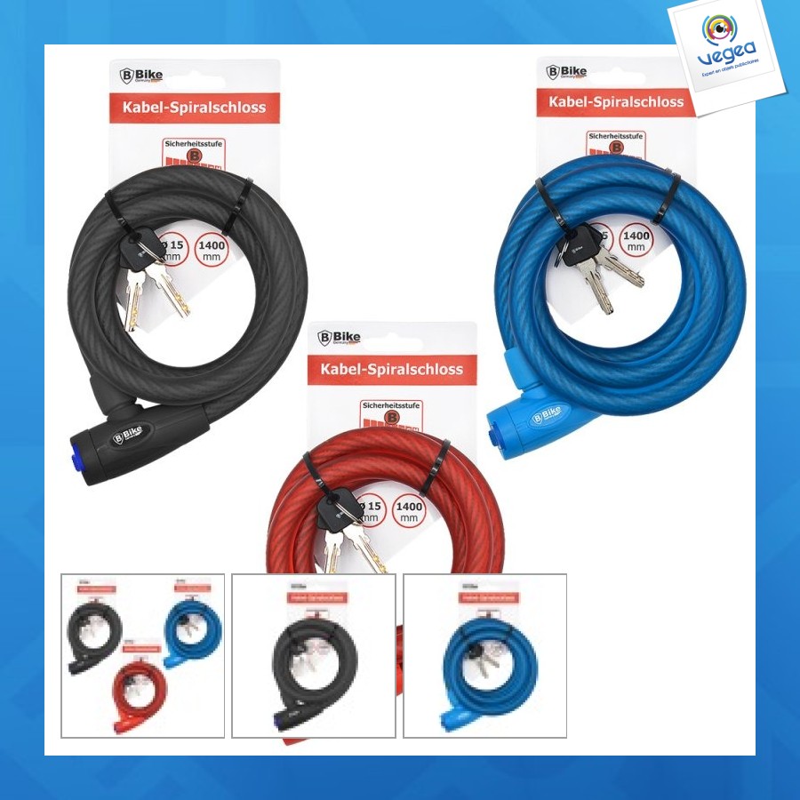 Antivol spiralé pour vélo 15x1400mm - assortime