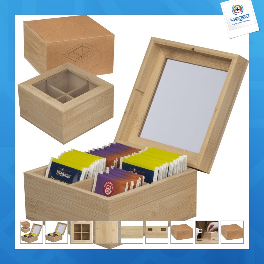 Boîte de rangement pour le thé en bambou avec couvercle en verre pour 40 sachets de thé