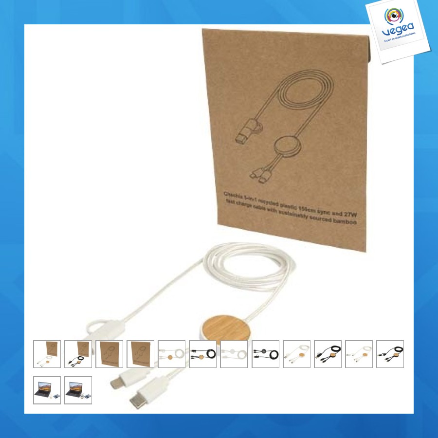 Câble 5 en 1 chechia en plastique recyclé de 150 cm pour la synchronisation des données et la charge rapide de 27 w avec d?