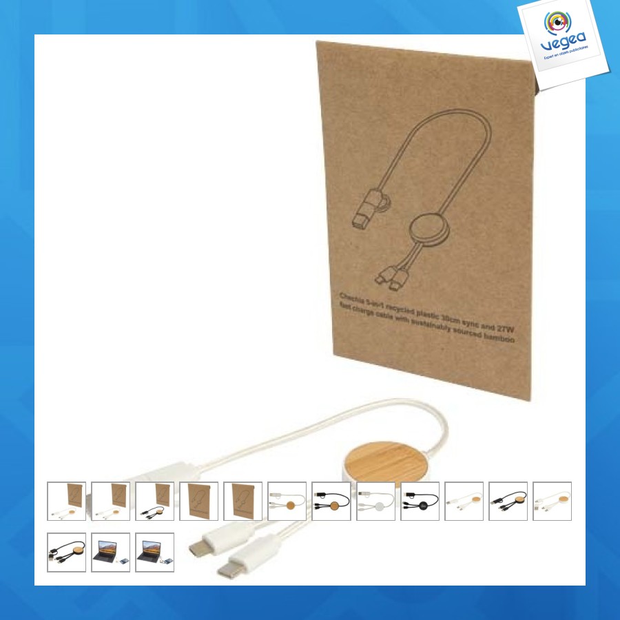 Câble 5 en 1 chechia en plastique recyclé de 30 cm pour la synchronisation des données et la charge rapide de 27 w avec dé