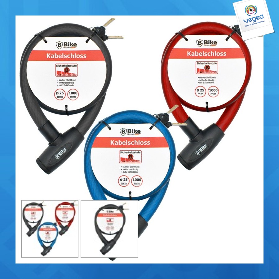 Câble antivol pour vélo 25x1000mm - assortiment