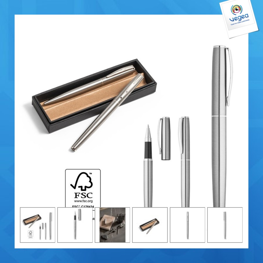 Ella. parure de stylo roller et stylo bille en acier inoxydable recyclé à 53%