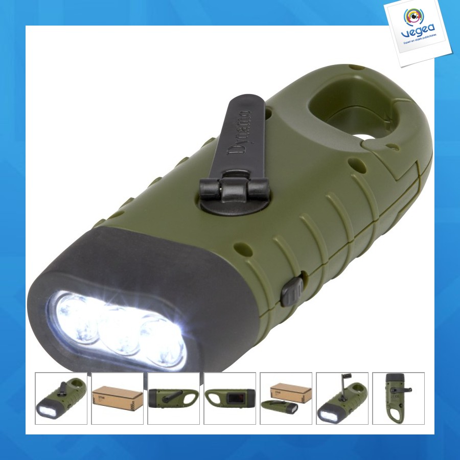 Helios solar dynamo taschenlampe aus recyceltem kunststoff mit karabinerhaken