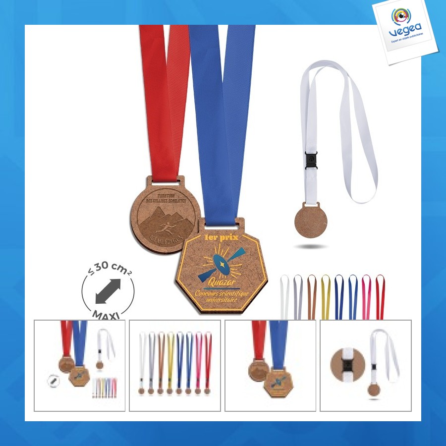 Médaille mdf épaisseur 3mm maxi 30cm² avec cordon satin