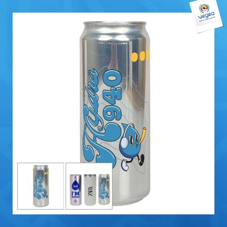 Personalisierte wasserdose 250ml, mit kohlensäure . selbstklebendes etikett