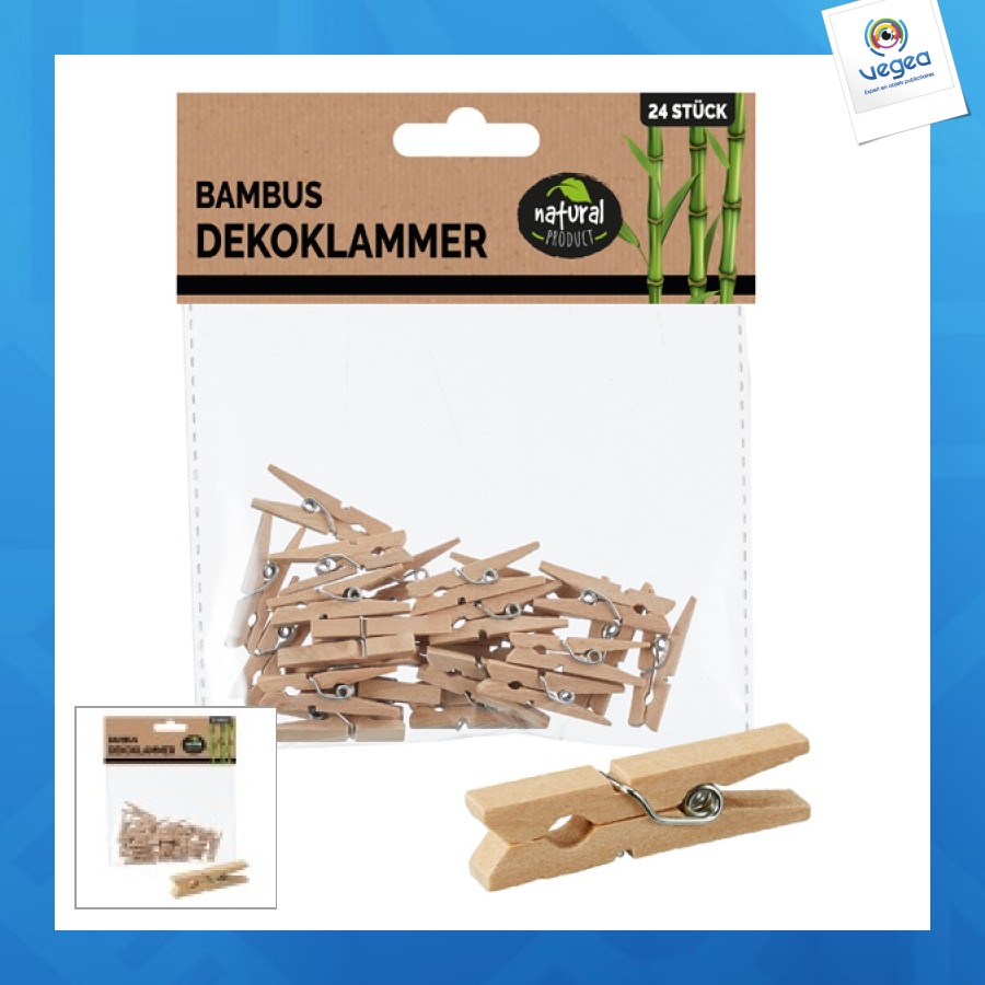 Pince à linge en bambou, environ 3cm, 24 jeux