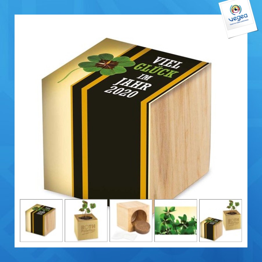 Pot cube bois mini - design standard - trèfle à 4 feuilles 