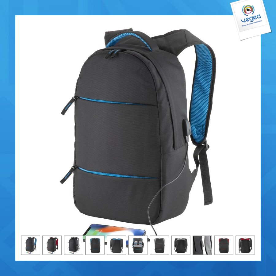 Sac-à-dos porte-pc en polyester 600d. poche principale porte-pc et 3 poches frontales