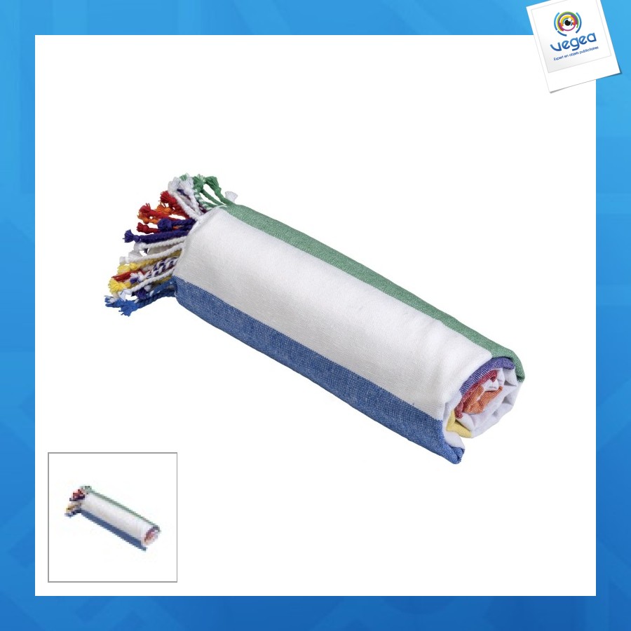 Serviette de plage / paréo en coton recyclé de 180g/m² avec frange, mesure 90x170cm