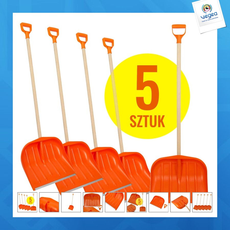 Set aus 5 schneeschaufeln für die schneeräumung