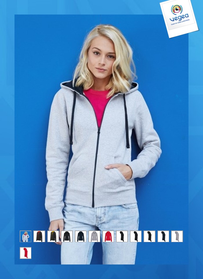 Sweatshirt mit reißverschluss und kontrastierender kapuze, damen