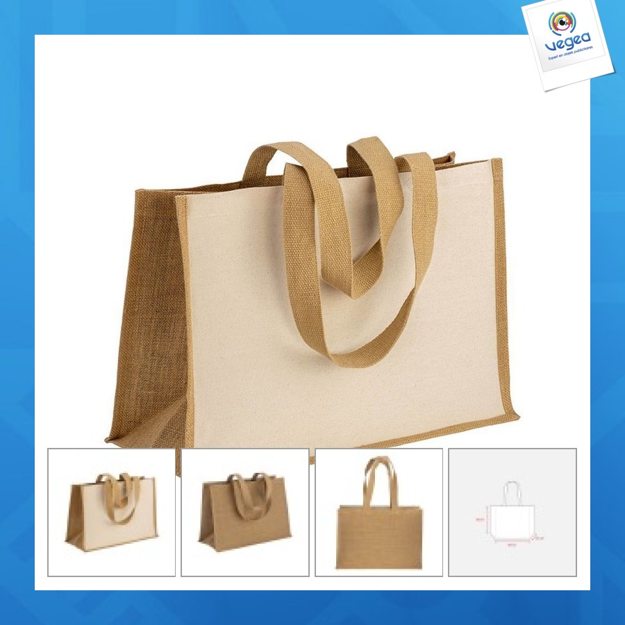 Tote-bag avec soufflet en coton 280g/m², détails en toile de jute, anses longues