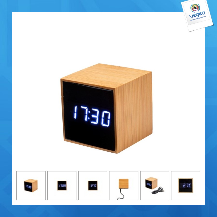 Wecker mit weißem led-temperaturdisplay aus bambus